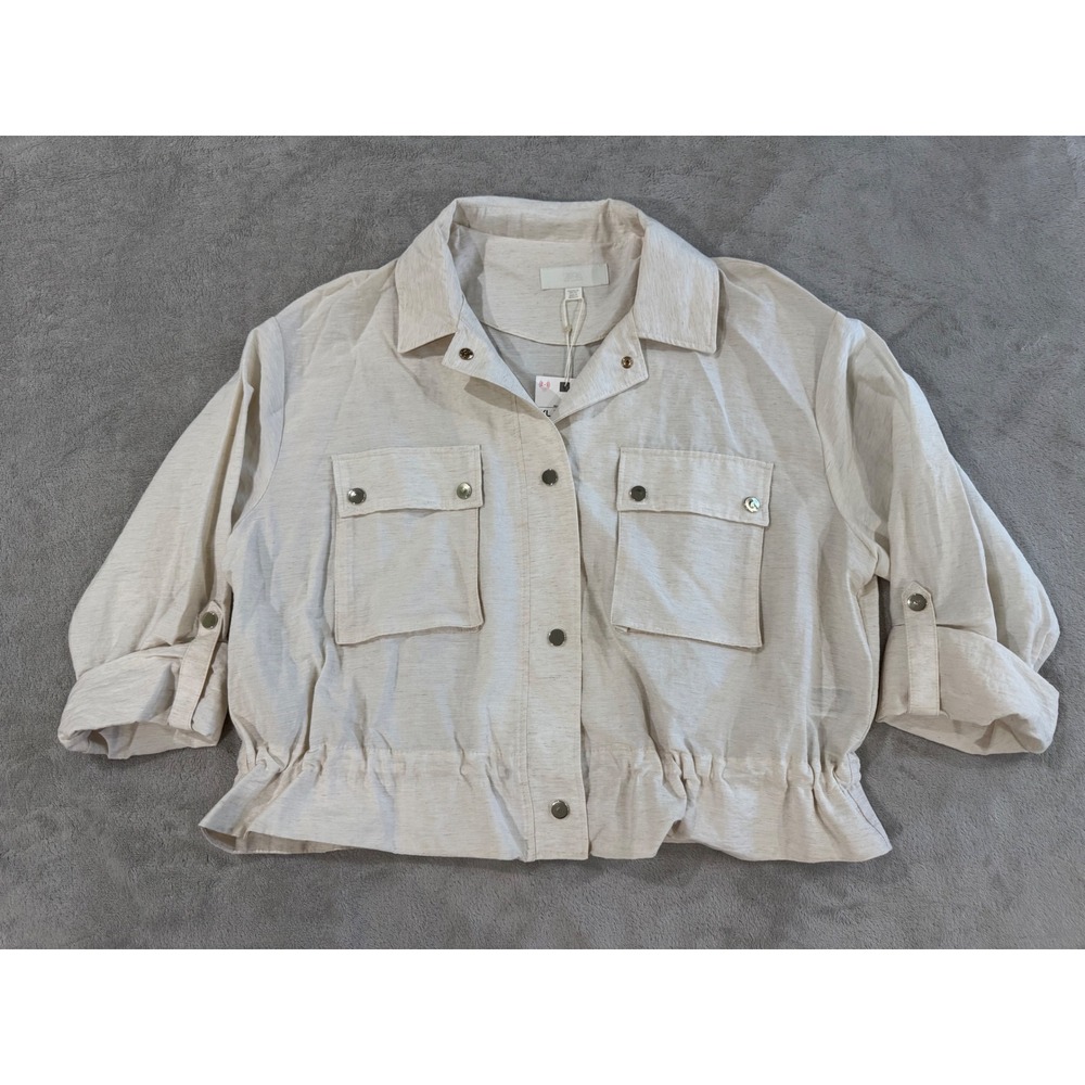Zara Womens Cream Linen Blend Cropped Utility Jacket Roll Tab Sleeve XL NEW